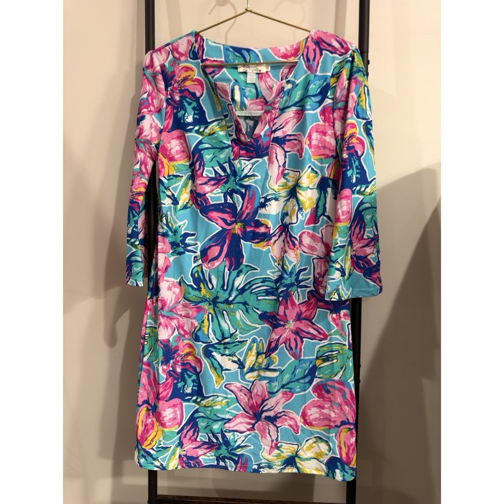 Aryeh Women's Shift Dress Size M Multicolor Geometric Scoop Neck 3/4 Sleeve Knee